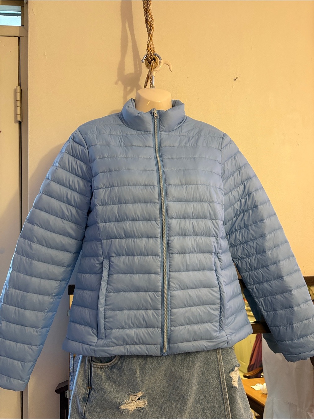 Women's Sky Blue Quilted Puffer Jacket with Stand Collar. 90. Down DUVET